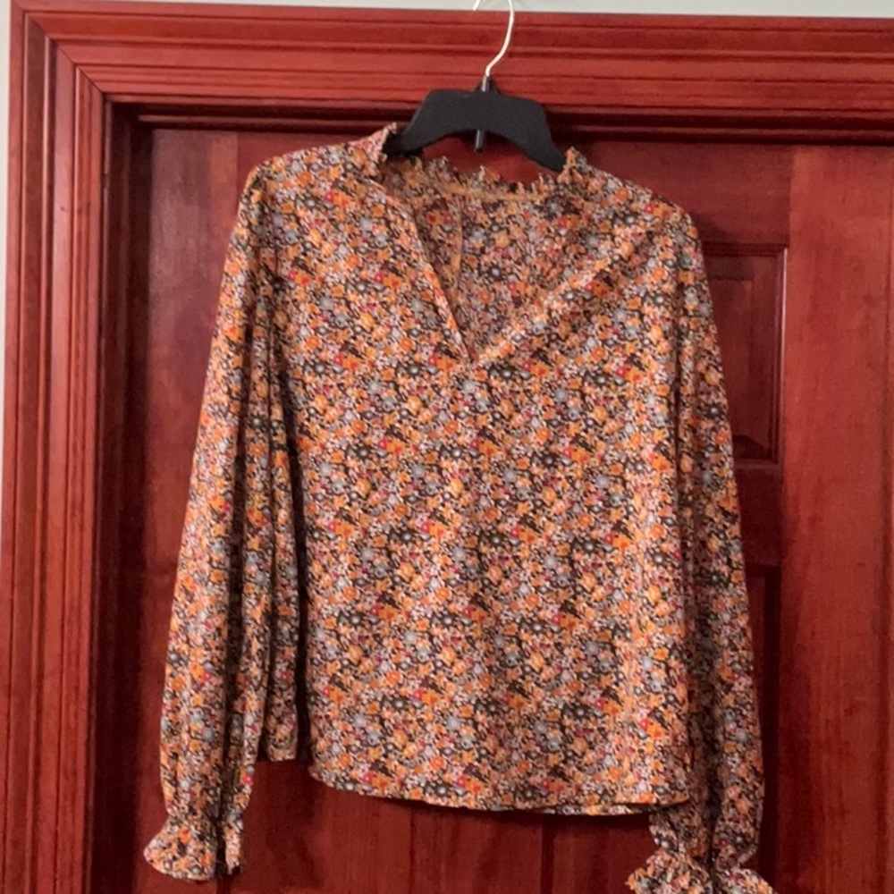 SHEIN Orange Pink Ruffled Peter Pan Collar Blouse